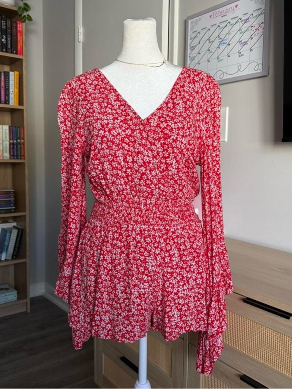 pink lily red floral romper